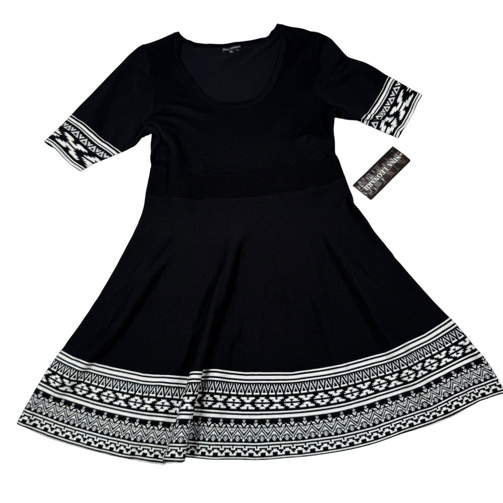 NWT Nina Leonard Knit Jacquard Dress XL Black Geometric Monochrome Southwestern